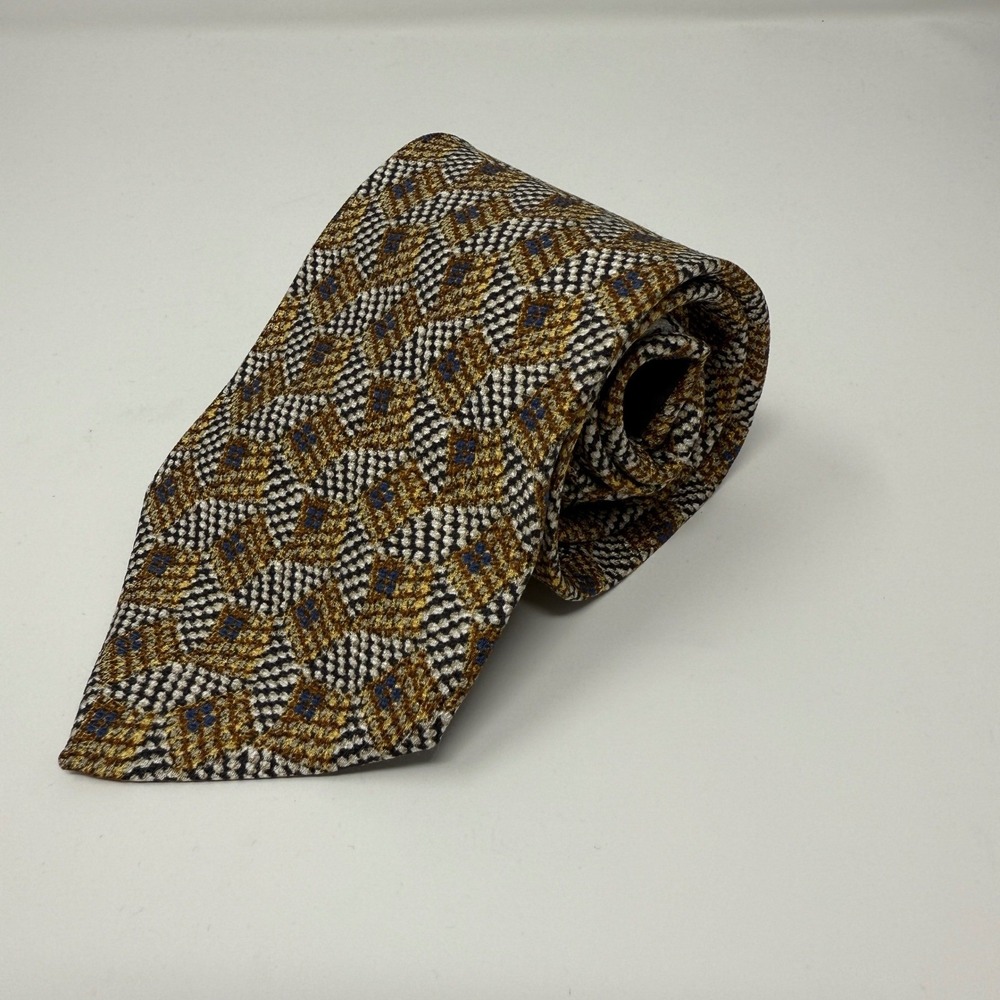 Ermenegildo Zegna Necktie Brown‎ Gold Silk Patterned Designer Tie Men's